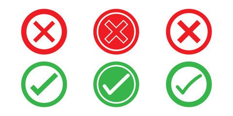 Set of tick mark in green and cross mark in red colour and stroke with white background, check and cross mark icon set. checkmark and x mark icon use for apps and website. checkmark, icon, vector.