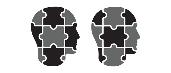 Human Mind Puzzle Icons. Gray and Black Head Silhouettes in Jigsaw Brain Concept.