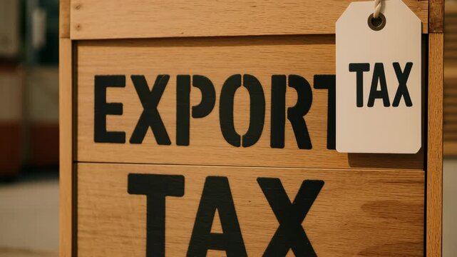 Tax impact trade. Export tax wooden crate with label showing financial burden and trade cost in warehouse setting under warm light