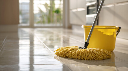 Yellow mop and bucket on glossy tile floor in bright interior
