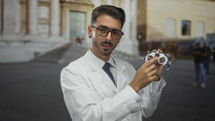 Hispanic man in white coat holding phoropter adjusting dial on cobblestone street; professional...
