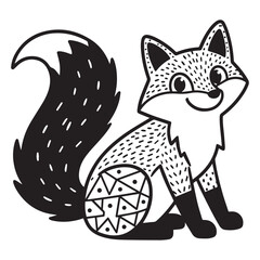 A black and white line art illustration of a cheerful fox sitting in a relaxed pose with a large, bushy tail curled around its body and bright, expressive eyes.