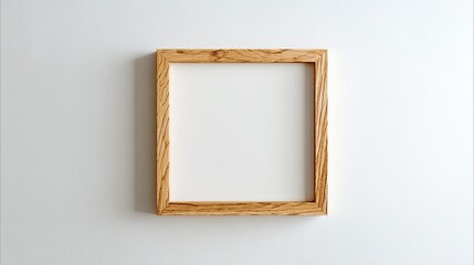 Photorealistic empty wooden picture frame in natural oak tone centered on pure white wall with soft natural lighting and shadow, minimalist mockup style, ideal for artwork display and design presentat