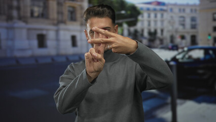 Young hispanic man showing hashtag sign with hands on urban street wearing grey sweater; social...