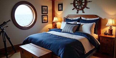 Cozy Nautical-Themed Bedroom with Ocean View