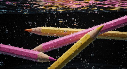 Colorful pencils submerged underwater with bubbles art education design