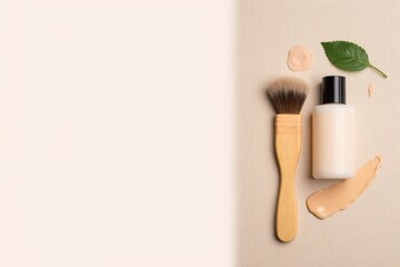 Flatlay of Makeup Essentials with Brush and Bottle