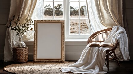 Cozy Room Interior with Blank Frame, Chair and Window