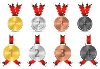 Medals set with ribbons isolated on white background. Vector illustration.