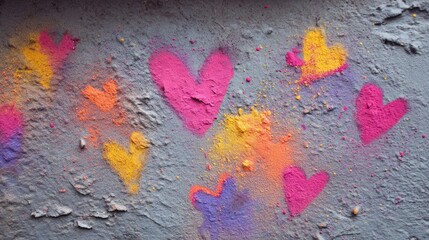 Colorful Powder Paint Sprayed Hearts on Gray Textured Background