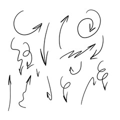 Spiral arrows, hand-drawn. Vector illustration. A set of spiral doodle arrows, isolated on a white background. Fancy line rotation, wave curve, arrows.