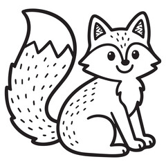  A black and white line art illustration of a cheerful fox sitting in a relaxed pose with a large, bushy tail curled around its body and bright, expressive eyes.