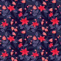 Seamless vector floral pattern with vibrant red and pink blossoms on a deep navy blue background. Elegant botanical design with delicate flowers and leaves, ideal for textiles, wallpapers, fashion