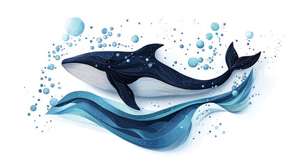 Artistic illustration of a celestial blue whale swimming in stylized ocean waves and bubbles. Whimsical marine life drawing with a cosmic, starry texture isolated on a white background.