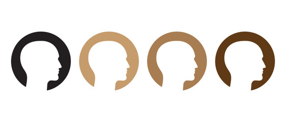 Diverse Profile Icon Set. Human Head Silhouettes in Black and Brown Circular Styles.