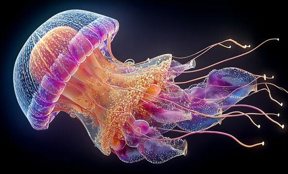 Colorful bioluminescent jellyfish swimming in the dark ocean