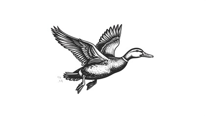 Black and white illustration of a duck in flight