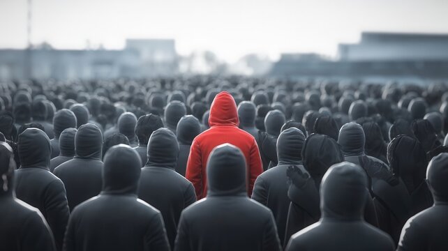 Individuality stands out in the monochrome crowd, uniqueness and leadership