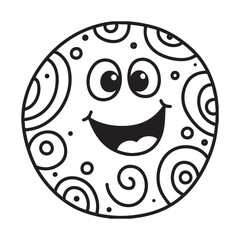 A black and white line art illustration of a cheerful, smiling ball with large, expressive eyes and a wide, welcoming grin.