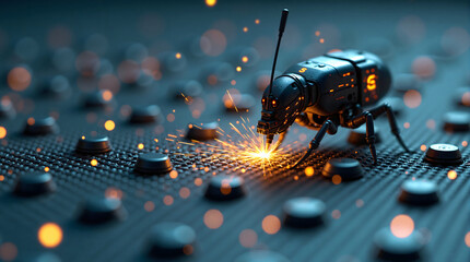 Miniature Technology at Work. A futuristic robotic bug with an antenna welds or repairs on a patterned surface with sparks flying.