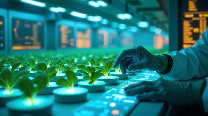 A scientist in gloves tends to glowing hydroponic plants in an advanced vertical farming laboratory.