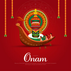 Happy Onam Post and Greeting Card. Minimal and Modern Onam Festival Poster and Flyer Template with Text and Onam Boat Race Vector Illustration