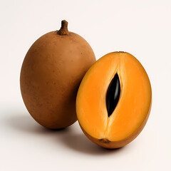 Fresh ripe sapodilla fruit whole and sliced revealing its smooth orange flesh and glossy black seed.