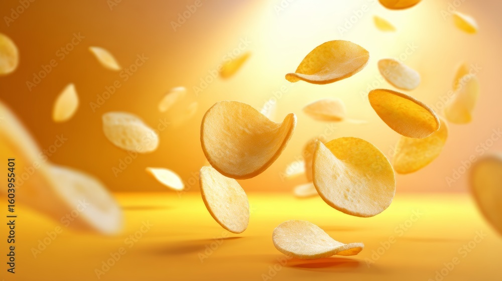 Poster flying potato chips exploding in midair with vibrant yellow and orange gradient splash in sharp focu