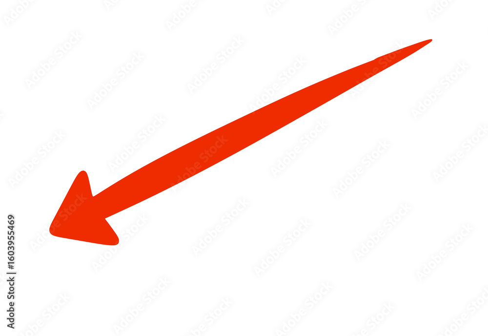 Poster dynamic red arrow pointing downwards towards the left, emphasizing directionality on transparent bac