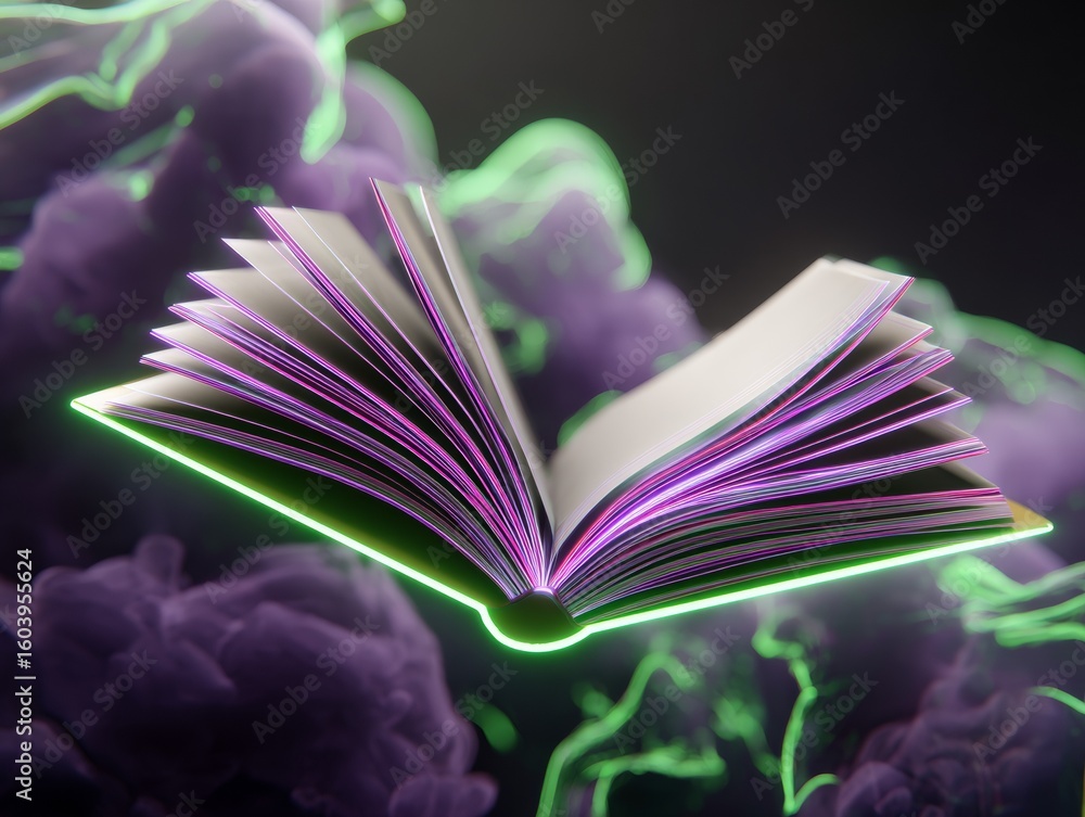 Poster levitating hardcover book with luminescent glowing pages and neon edges on dark abstract background