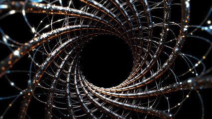 Abstract metallic spiral tunnel with glowing wires, lights, and a black void center in digital style.