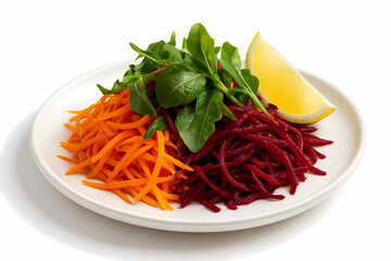 Healthy salad with shredded carrots beets fresh arugula and a lemon wedge on a white plate.
