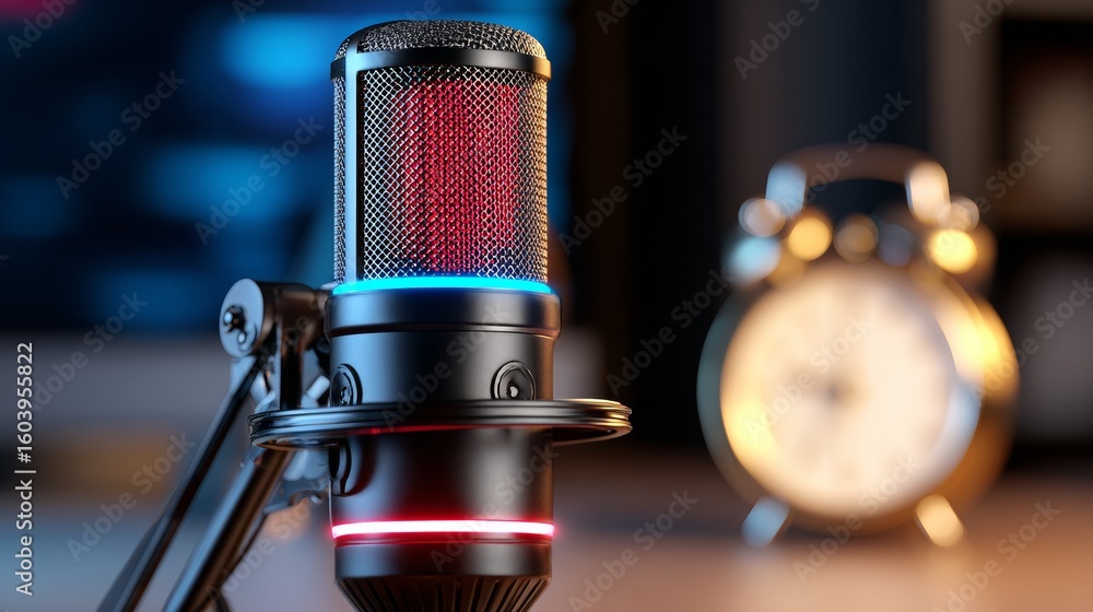 Poster retro audio microphone illuminated by red and blue neon rim light with blurred analog clock backgrou