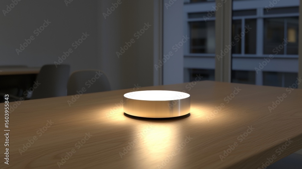 Poster a modern, minimalist table lamp with a circular base and a white shade.