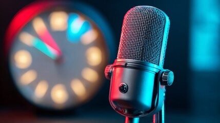 Retro microphone with metallic mesh rim illuminated by red and blue neon glow against blurred vintage clock dial
