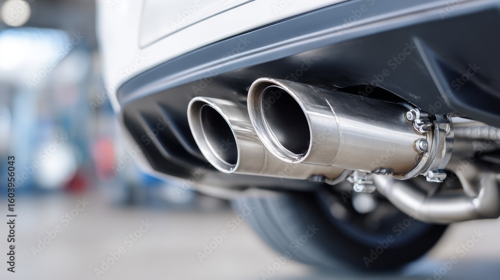 Poster undercarriage view of performance exhaust system with catalytic converter in workshop environment