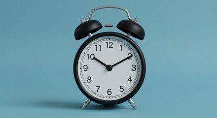 Blue alarm clock on blue background showing time and bell