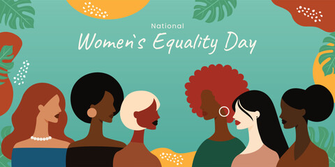 National Womens Equality Day Poster with Female Silhouettes and Exotic Leaves Vector.