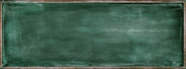 Vintage dark green chalkboard background with smudges and scratched wood frame texture