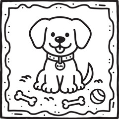 A black and white line art illustration of a friendly dog with floppy ears, a wagging tail, and a cheerful, open-mouthed smile.