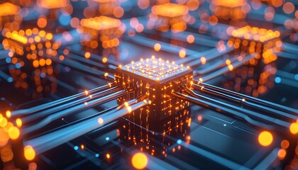 Electronic Circuit Board with Glowing Components and Interconnections