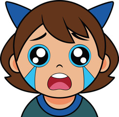 A young girl with cat ears cries, expressing overwhelming sadness against a white background, showcasing a cartoonish style.