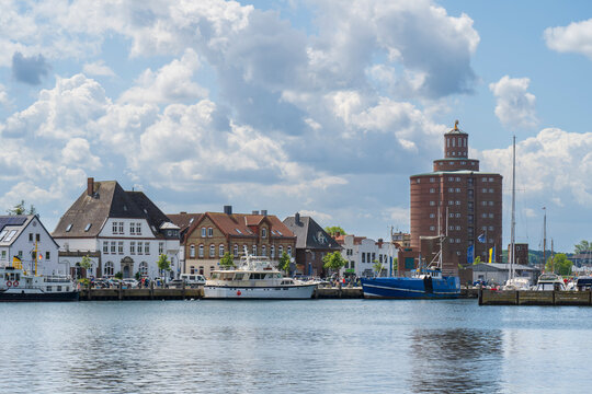 Eckernf�rde harbor view with historic buildings and silo