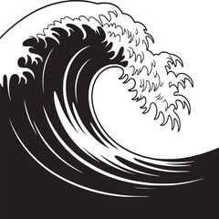 Naklejka premium A powerful, stylized wave design in the style of Japanese woodblock prints dominates the image. The dark blue/black wave curls dramatically, showcasing intricate foam details at its crest.