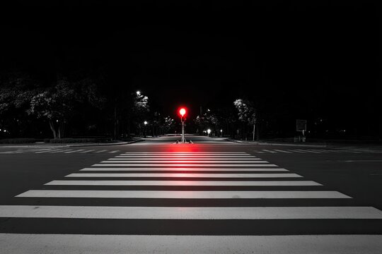 Fototapeta Empty city street at night with a red stop light