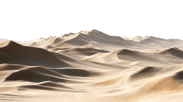 Serene desert landscape featuring softly lit sand dunes under a bright sky isolated on transparent background
