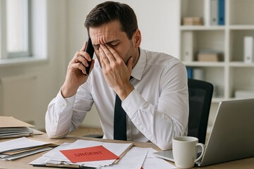 Frustrated man in an office holds his head and phone, urgent documents on his desk, showing stress and workplace pressure.