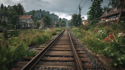 Railroad Tracks in Rural Neighborhood on Overcast Day with Greenery and Houses