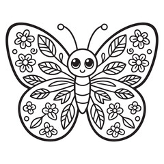  A black and white line art illustration of a large, charming butterfly with symmetrical wings adorned with repeating leaf and floral patterns. 