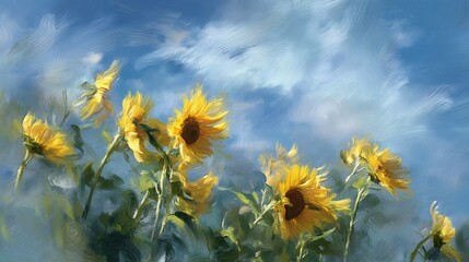 Obraz premium Vibrant sunflowers swaying gracefully in a beautiful field beneath a glowing summer sky
